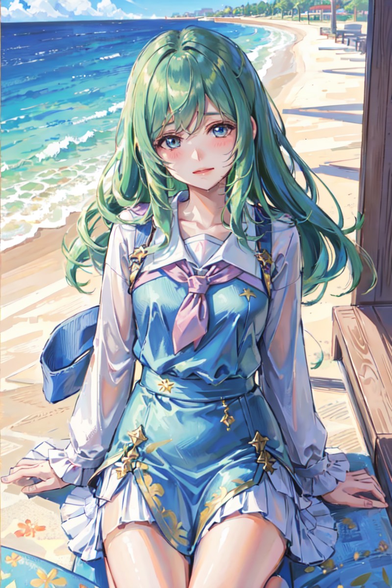 1girl, solo, nephenee, blush, smile, closed mouth, lips, moist lips, {{pov}},  casul clothes, white shirt, blue skirt, out...