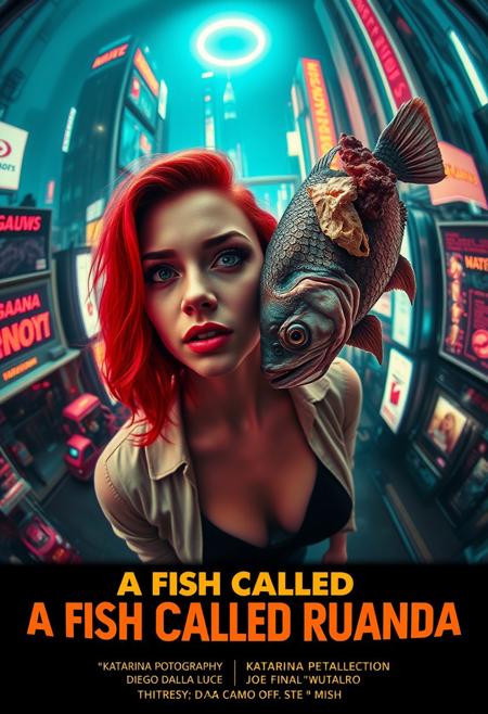 **“A captivating and surreal movie poster for A Fish Called Ruanda, a futuristic B-movie thriller with a girly, campy twist. The scene is viewed through the exaggerated distortion of a fish-eye 12mm cinema prime lens, pulling the viewer into the chaotic, neon-soaked dystopian cityscape. Front and center is the main actress, Katarina Pesceallegro, a striking redhead with a mix of glamour and danger in her expression. Floating ominously nearby is a grotesque, decaying fish, symbolizing the ‘very rotten climax.’
The poster includes bold, retro-futuristic typography for the title A Fish Called Ruanda, with the subtitle in Polish beneath it. The credits at the bottom feature:
	•	Directed by: Max Morrison
	•	Director of Photography: Diego Dalla Luce
	•	Edited by: JOE “FINAL CUT” Switcho
	•	Main Actress: Katarina Pesceallegro
	•	Co-Starring: JOE FISH
	•	With the Cameo of: STEWEN SEAGULL
The design blends neon tones, gritty textures, and campy B-movie flair, making it a trendsetting cinematic experience that teases its quirky, action-packed storyline.”**
