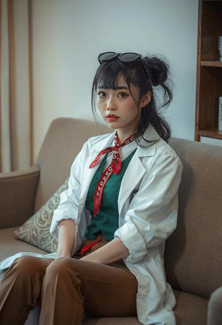 DLSR photograph, slender, beautiful  26 year old korean model . Pale skin, 
lighting<lora:MoriiMee_Gothic_Niji_Style_FLUX:0.3500000000000001> <lora:AsirAsianPhotographyflux:0.7000000000000002>
score_9, score_8_up, score_7_up, source_anime, solo, 1girl, ema skye, annoyed expression, rolling eyes, looking at viewer, sitting, couch, half updo, sunglasses, eyewear on head, white lab coat, sleeves rolled up, green vest, red neckerchief, brown pants, blue eyes, indoors, living room