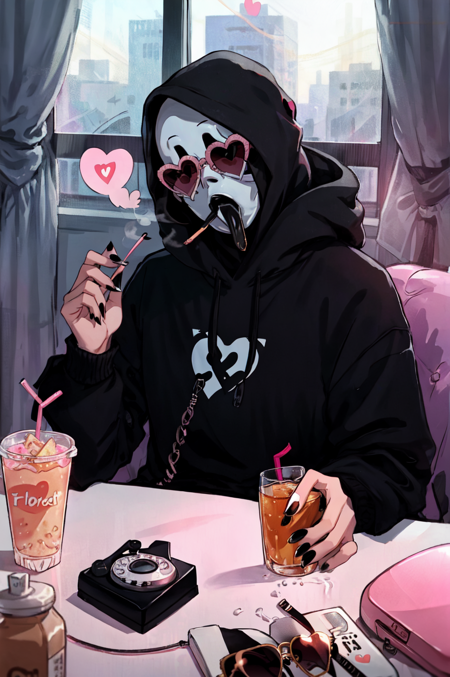 Ghostface Baller, solo, 1boy, holding, male focus, heart, nail polish, window, mask, phone, sunglasses, cellphone, black nails, holding phone, cigarette, drinking straw, smoking, heart-shaped eyewear<lora:Ghostface:0.75>