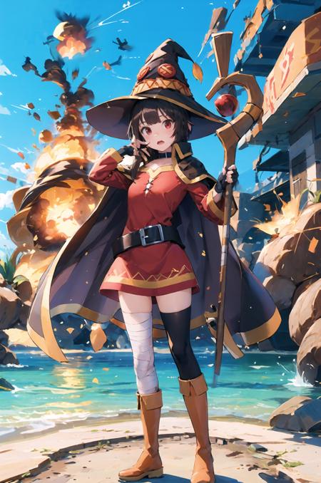 casting magic, magic, staff, holding staff, explosion, full body, hat, holding, open mouth, standing, boots, cape,<lora:megumin_v2-000018:1>, megumin, megumindef