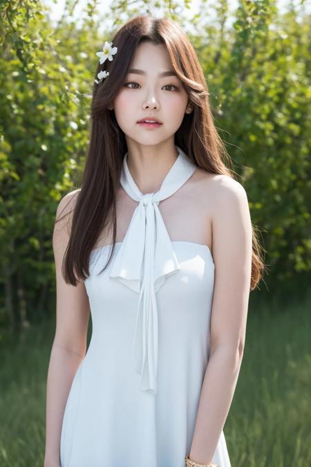 masterpiece, best quality,closed mouth, looking at viewer,  alluring, clean, beautiful face, pure face, pale skin, little smile, a woman with blonde hair and a tie around her neck wearing a white dress and a flower in her hair, standing in a field with trees in the background, <lyco:kang_mina:1>,