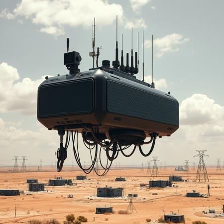 ultra high resolution, masterpiece, best quality, small featureless boxy glossy black  spacecraft with a textured surface hovering low to the ground, underneath the spacecraft are cables hoses and wires, antennas on top, cables hanging from below, rectangular in shape, futuristic world, post apocalyptic landscape, ((low concrete buildings:1.3)) anti gravity, in the atmosphere, sky, clouds, ground visible, hovering, dry, ((dusty)), bleak landscape, parched, orange light, sunlight, square shapes, bleached colors, scattered destroyed industrial buildings, powerlines and towers