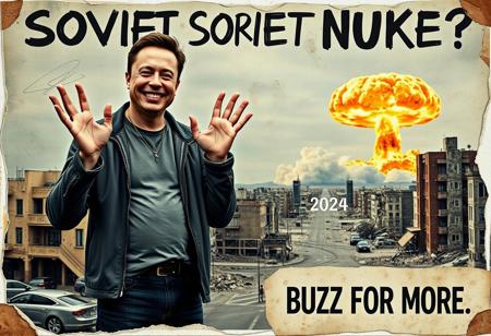 “A decayed, vintage-style poster from 2024, weathered and torn, depicting a surreal and apocalyptic scene in a contemporary setting. The faded image shows Elon Musk, dressed in modern clothes, standing with his young son. Musk holds his son’s hand with one hand while making an exaggerated ‘OK’ sign with his other hand, his wide, mad smile radiating an eerie and unsettling charm. In the far background, a massive nuclear mushroom cloud rises ominously, with fiery orange fireballs at its base and visible blast waves rippling through the urban landscape. The scene is set in a desolate, abandoned city, with ruined buildings and empty streets. The poster’s bold text, ‘SOVIET NUKE?’ across the upper section and ‘BUZZ FOR MORE’ in the lower section, is faded, smeared, and inked with scribbles and stains. The paper appears rotten, with tears, creases, and discolored edges, contributing to the haunting, post-apocalyptic atmosphere of the piece.”