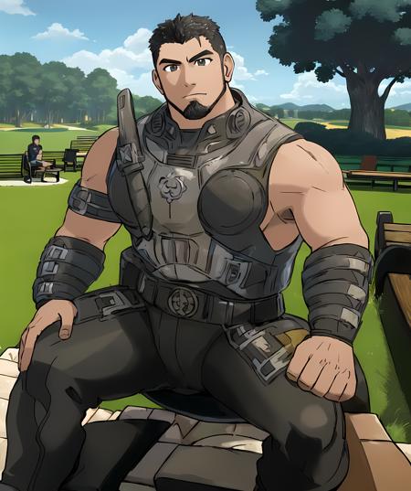 (best quality, masterpiece), dom_santiago, muscular, black tanktop, black pants, ((sitting down, bench):1.1), full body, ((park, grass):1.2), <lora:Dom_Santiago-15:0.75> sugimori ken \(style\) <lora:pokemon_v3_offset:1> <lora:more_details:0.1>