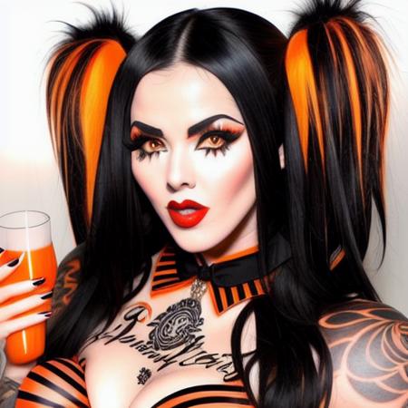 trixy_treats, ((((beautiful face)))), ((perfect face)), deliberate, masterpiece, best quality, highest quality, cinematic lighting, very beautiful, ultra realistic, tattoos, tattooed, beautiful, black dress with orange vertical stripes,