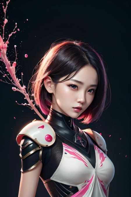 beautiful japanese young woman, wearing ninja armor, thick symmetrical features, very short hair, background is cherry blossoms, pink aura, red lips, octane render, <dhevv:l-style:m>