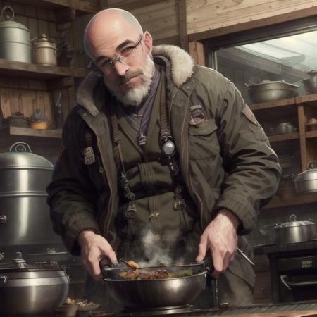 an illustration of MortNobody15 cooking dinner in a hunter's cabin in the middle of winter. One man Style-Kitchen