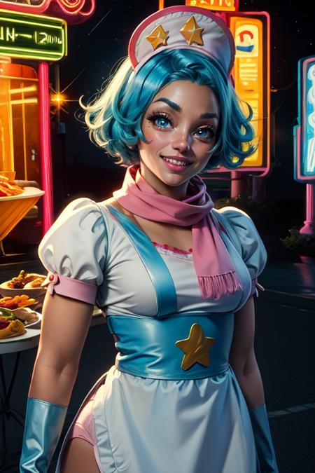 cornet, short blue hair, blue eyes, 
nurse cap, white dress, blue maid apron with star (symbol), white underwear, puffy sleeves, pink scarf,   blue sleeve cuffs, 
 upper body, happy, standing,    smile, 
night, ship,  amusement park,  stars, neon lights,  food table,  frog building, 
(insanely detailed, beautiful detailed face, masterpiece, best quality)  <lora:cornet:0.7>