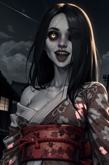 Hisako,grey skin,long hair,white pupils,scars, glowing eyes,  black sclera, 
red kimono with floral print,off shoulder,torn clothes,smile,sharp teeth,open mouth,
looking at viewer,
japanese ghost village,night sky,
standing,upper body,
(insanely detailed, beautiful detailed face, masterpiece, best quality) cinematic lighting,solo,<lora:Hisako-11KIv9:0.8>,