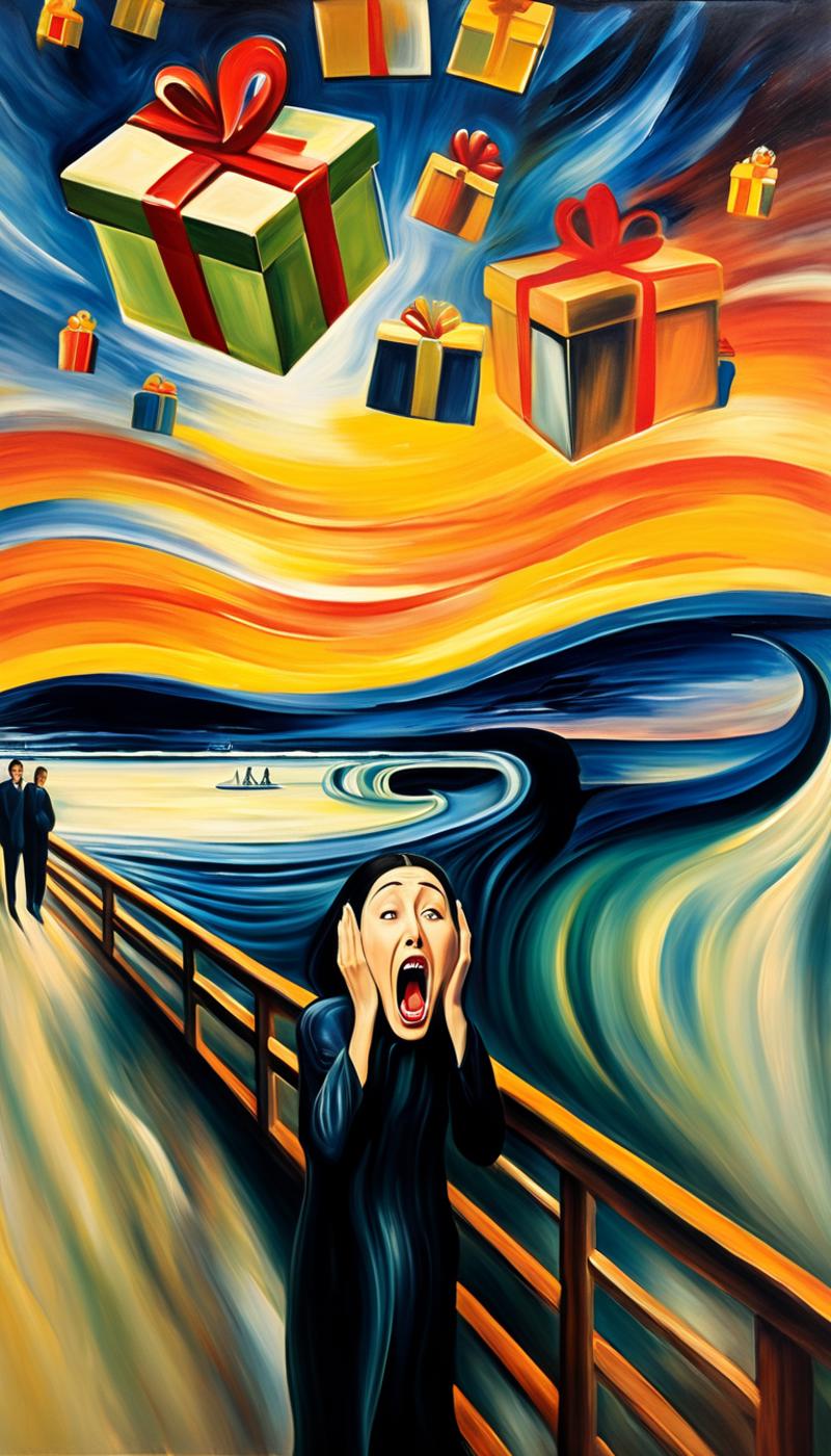 A woman with her mouth open, screaming in a painting.