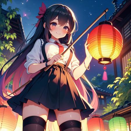 carrying a colorful lantern one hand holding a stick suspender skirt night twilight greenery