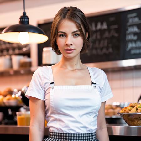 ((SFW)), RAW candid cinema of waitress, blouse, apron, (very short hair), full body shot, in cafe, (ultrarealistic), best quality, extremely detailed, cinematic lighting, conysv2-10000