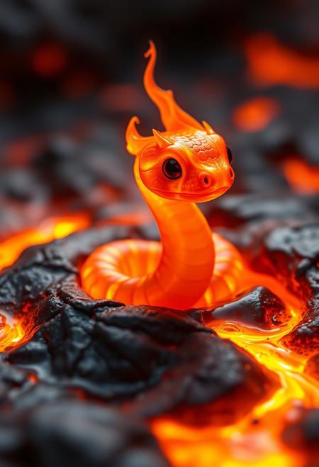 "A tiny, adorable baby fire snake, its body a vibrant, flaming fireball, emerged from a large puddle of lava, its beady, black eyes shining with a fierce, inner light. The snake's flaming scales, a soft, glowing ember red, seemed to dance and shimmer, like a thousand tiny flames, infusing the creature with a magical, otherworldly aura. The snake's body, a swirling, fiery vortex, seemed to pulse with an inner light, as if the very essence of fire and rebirth had been distilled into this one, perfect form. The lava around the snake seemed to shimmer and dance, as if the flames themselves were rejoicing in the snake's rebirth. The overall effect was one of breathtaking, adorable cuteness, as if the fire snake were a living, breathing embodiment of the cycle of life and death, born from the flames, reborn in fire and glory. The snake's flaming body seemed to radiate a warm, golden glow, like a tiny, fiery sun, illuminating the surrounding lava and darkness."