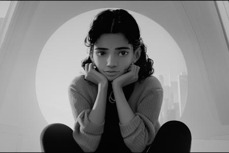 1girl, portrait,close up of a Efficacious petite Corsican Woman, wearing Corduroy dress with Chicago ornaments, Sitting with hands around ankles, Caramel Shag hairstyle, Sun in the sky, Zoom lens, Grayscale,  <lora:super-000007:0.8>