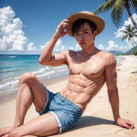 masterpiece, absurdres, high quality, realistic,
1boy, short hair, (muscular:0.5), Hawaiian shirt, shorts, straw hat,
clouds, rock, water, sand, outdoors