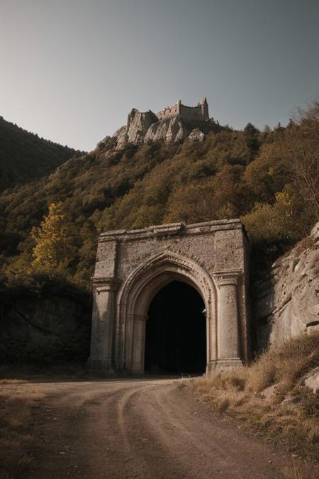raw photo, a sunset landscape, oregon mountains, forested ravine cliffs, cozy, photorealistic, abandoned Towering Stone gateway entry into dark the side of cliff, dwarven, high fantasy style, high detailed texture, 8k uhd, dslr, soft lighting, high quality, film grain, Fujifilm XT3, Sony A7 IV, highly detailed photography, (muted colors, cinematic, dim colors, soothing tones:1.2), vibrant, insanely detailed, hyperdetailed, (dark shot:1.2), (vsco:0.3), (intricate details:0.9), (hdr, hyperdetailed:1.2) (highest coherency: 1.39) (highest quality: 1.39) (rule-of-thirds) (award-winning) (masterclass) (highest resolution: 1.39) (castle architecture built into cliff: 0.69) (starfort: 1.1) (protruding from hillside)