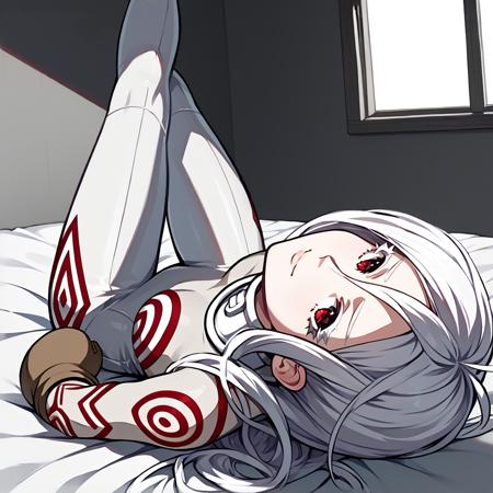 shiro \(deadman wonderland\),albino,white hair,cowlick,white eyebrows,colored eyelashes,red eyes, collar,white bodysuit,skin tight, brown mittens,