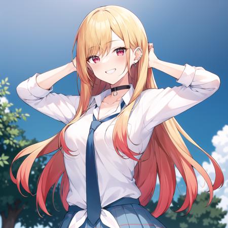 masterpiece, best quality,  <lyco:GoodHands-beta2:1.0>,  <lora:marinkitagawav1:0.6>, kitagawa marin, 1girl, blonde hair, long hair, multicolored hair, red eyes, jewelry, earrings, piercing, school uniform, white shirt, tied shirt, black choker, blue necktie, plaid skirt, outdoors, pose, full body