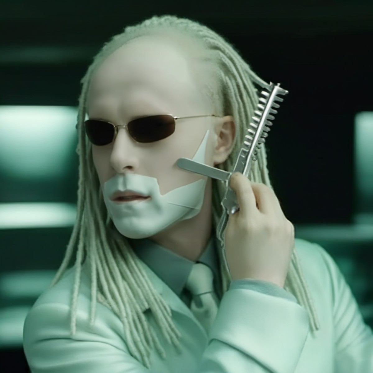 cinematic photo cinematic photo full body a pale man dressed in white, dreadlocks, sunglasses, shaving with a razorblade <...