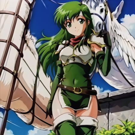 1girl, (solo), looking at viewer, solo focus, smile,  <lora:Feovatest2:0.8>,   <lora:Palla-06:0.9>, palla_newmystery, long hair, dress, green elbow gloves, belt, green fingerless , armor, covered navel, green thigh boots, short dress, shoulder armor, side slit, breastplate, white headband, pegasus knight uniform (fire emblem)