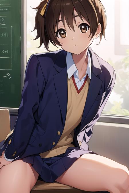 konuihirasawa, <lyco:uihirasawa-LYCORIStest:1>,
ui hirasawa, (brown eyes:1.5), brown hair, ponytail, short hair, (flat chest:1.2),
BREAK sakuragaoka high school uniform, school uniform,
BREAK looking at viewer,
BREAK indoors, classroom,
BREAK <lora:GoodHands-vanilla:1>, (masterpiece:1.2), best quality, high resolution, unity 8k wallpaper, (illustration:0.8), (beautiful detailed eyes:1.6), extremely detailed face, perfect lighting, extremely detailed CG, (perfect hands, perfect anatomy),