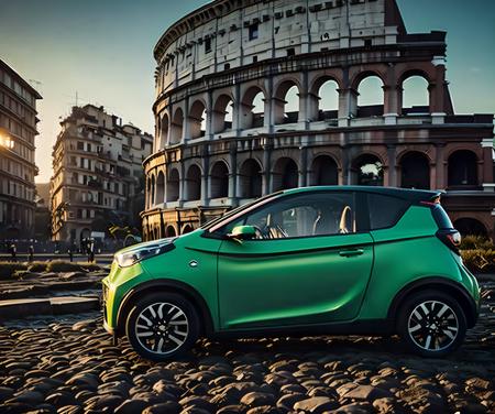 1(dr1 city car) (green:1.2) in Rome, Colosseo in the behind, early morning summer dawn light, masterpiece, best quality, highly detailed background, perfect lighting, 4k, 8k, ultra highres, raw photo in hdr, sharp focus, intricate texture, ultra masterpiece, high quality, dgtlv2   <lora:dr1citycar-000005:1>