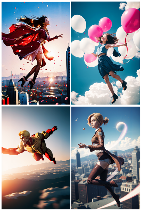 fly floating holding balloons/telekinesis/arm up, motion blur above clouds, Scenery 1boy/1girl
