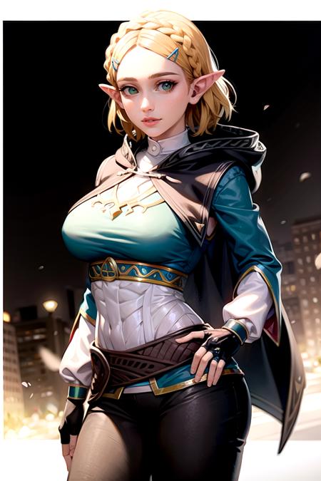 masterpiece, best quality,upper body, solo,princess_zelda_aiwaifu,aiwaifu,pointy ears,braid,hair ornament,hairclip,gloves,fingerless gloves,blue shirt,shirt,long sleeves,crown braid,bangs,pants,black gloves,green eyes,parted bangs,black pants,short hair,long hair,cape,sidelocks,hood,thick eyebrows,jewelry,hooded cape,belt,tight pants,tight,large breasts,puffy sleeves,              realistic, photo-realistic,specular details,ultra-detailed, highly detailed, well defined objects,  8k uhd, dslr, soft lighting, high quality, Fujifilm XT3, (high detailed skin:0.3), (absurdres, highres, incredibly_absurdres:0.2),(scenery,sidelighting,masterpiece:0.5),