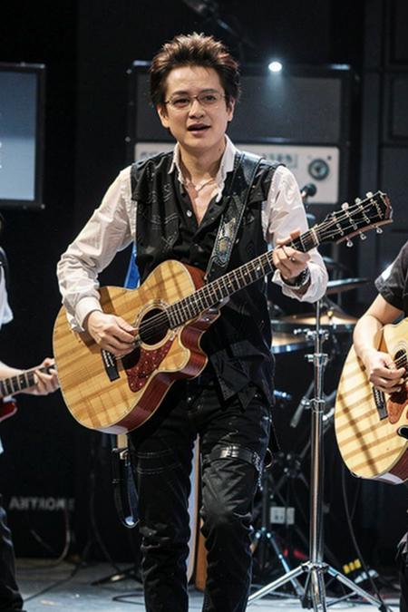 best quality, ultra high res, (photorealistic:1.4), masterpiece, Concert background,1boy,standing,On stage,Play the guitar,sing(looking at viewer), <lora:gaolingfeng:0.8>