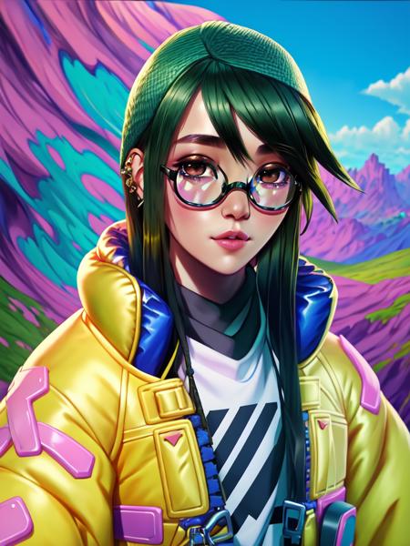 A detailed and vibrant portrait of kljy, yellow jacket,  in a fantastical landscape with vibrant colors and intricate details, rendered in an art style that mixes realism with elements of surrealism, done by artists such as Ruan Jia and Yoshitaka Amano.