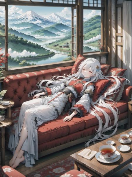 (anime:1.1)  girl with long white hair sleeping on a couch with a view of mountains, in the style of classical landscapes, gray, white, light silver and crimson, mori kei, nature scenes, high quality photo