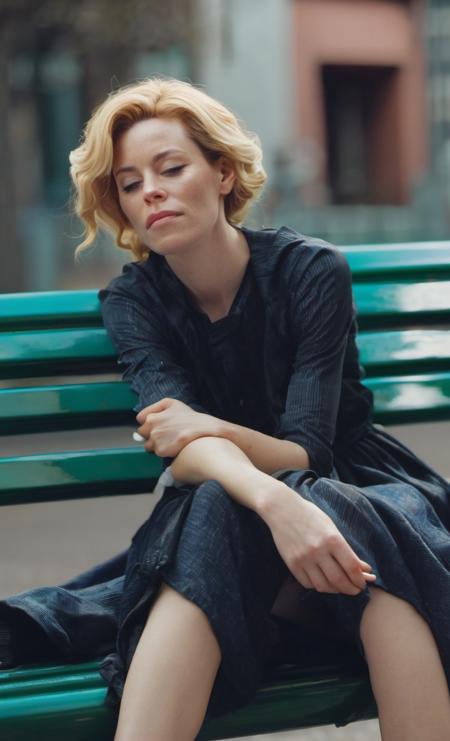 <lora:elizabeth_banks :1> elizabeth banks woman a candid half body photo  of a beautiful  a woman, street wear, on a bench, resting, closed eyes