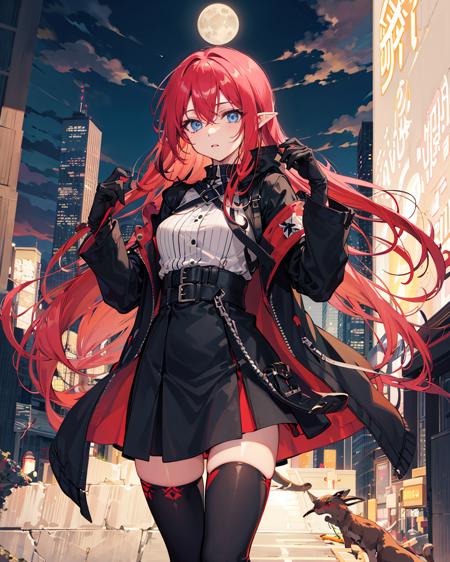 1girl, solo, long hair, thighhighs, black hair, blue eyes, moon, gloves, looking at viewer, black thighhighs, outdoors, building, sky, jacket, bangs, long sleeves, pointy ears, city, standing, black gloves, zettai ryouiki, open clothes, black jacket, dress, open jacket, hand up, night, very long hair, cloud, skyscraper, full moon, hair between eyes, black dress, feet out of frame, multicolored hair, cityscape, parted lips, closed mouth, red hair, skirt, short dress, breasts