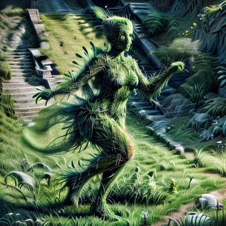 lazypos, honeycomb, bee made of Grass, flower, rose, dance, cinematic lighting, fantasy realism, grassify