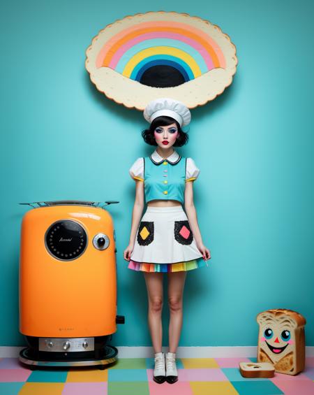 full body shot of a girl with a huge smile and eyes stands next to a toaster in which there is a frightened piece of bread, fairy tale, psychedelic,  real estate, geometry, Vasily Kandinsky, full body shot, quilting paper, Ray Caesar, Nicoletta Ceccoli, Fragonard, Conrad Roset. Bright pastel colors. Incredibly detailed full body shot in rock-punk style. A masterpiece of the twentieth century. A perfect face with a neon concentric make-up, Intricate neon makeup, Glowing ceremonial markings  at the wall,  <lora:add-detail-xl:2>,  <lora:xl_more_art-full-beta1:0.7> <lora:Rapture:0.5>