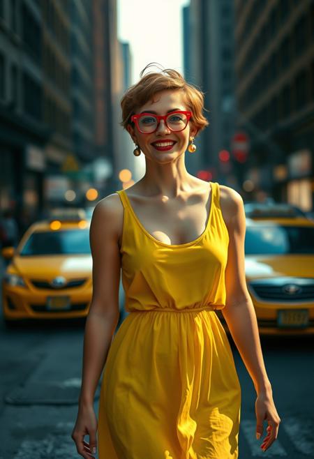A photorealistic image of a petite woman walking confidently down a gritty New York City street, shot with a long telephoto lens that creates a beautifully compressed background and glowing bokeh from city lights and taxis. She is wearing a short, sleeveless yellow vintage-inspired dress with a deep scoop neckline. The fabric is semi-sheer, lightweight, and slightly translucent in the sunlight, with soft flowing movement around her hips and thighs.
She has fair skin, a joyful expression, bright red cat-eye glasses, short tousled auburn hair, and deep red lipstick. Her earrings are retro gold dangles that catch the light. The background is darker, with a moody urban atmosphere — blurred buildings, asphalt, yellow cabs — making her stand out vividly as a colorful, dreamy figure in the middle of the street. The lighting is natural with high contrast and a golden undertone.
Style Attributes:
	•	Style: Photorealism, fashion editorial, cinematic street style
	•	Lens Effect: Long lens compression, shallow depth of field, rich background bokeh
	•	Lighting: Soft sunlight, warm tones, high contrast
	•	Mood: Dreamlike, confident, surreal retro charm
	•	Inspiration: New York street photography meets vintage fashion fantasy