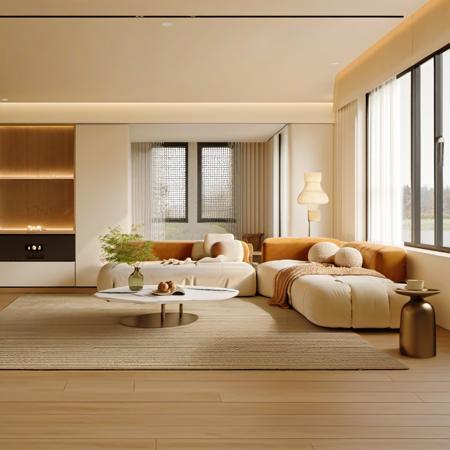 8k, photo-realistic,beautiful room,soft room,livingroom,soft sofa,cream style,warm color,window