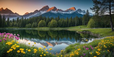 masterpiece, best quality, ultra-detailed, realistic, 8k, a pine tree, flowers fields, many kinds of flowers, a couple of rabbits on very distant, lakes, meadows, glitter, moonlight, out-of-this-world scenery, lifelike, naturalism, greatest naturalism photo, immaculate detailed realism photography, rich colors, best colors perfect composition, perfect colors, colorful, clear photo, intrigue nature panorama, delicate nature photo, immaculate micro-details nature elements, out-of-this-world scenery, landscape, flowers, crystal fantastic, breathtaking beautiful nature, unmatched beauty nature, more nature elements, rich nature elements, aesthetic, artistic style, surreal, insanely lifelike, top best naturalism photography, greatest detailed, intricate details, depth of field, no human, detailerlora,