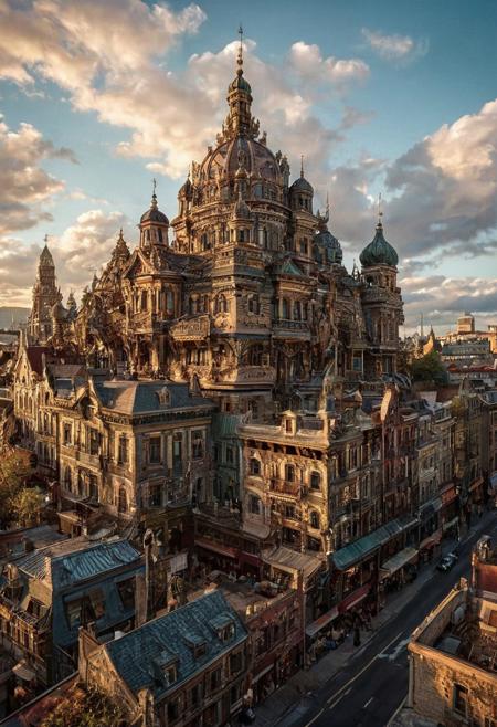 beautifull city with clouds in the sky painted by aaron horkey, the mystical light, professional photography, natural lighting, natural lighting, volumetric lighting maximalist. intricately detailed, complex, elegant, expansive, fantastical, film photography style, light grain, medium grain, heavy grain