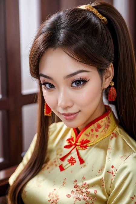 (maryleeDollStyle:0.85), (24 years old), smiling, long twintail hair, modern photo, wearing qipao, short qipao, chinese clothes, chinese dress, zhonghuaniang, <lora:qipao_20240414000046:0.8>, (35mm, F/2.8) Photo Focus, DOF, Aperture, insanely detailed and intricate, character, hypermaximalist, beautiful, revealing, appealing, attractive, amative, hyper realistic, super detailed, beautiful girl, ((detailed eyes)), long eyelashes, (glossy lips), in a chinese themed room
