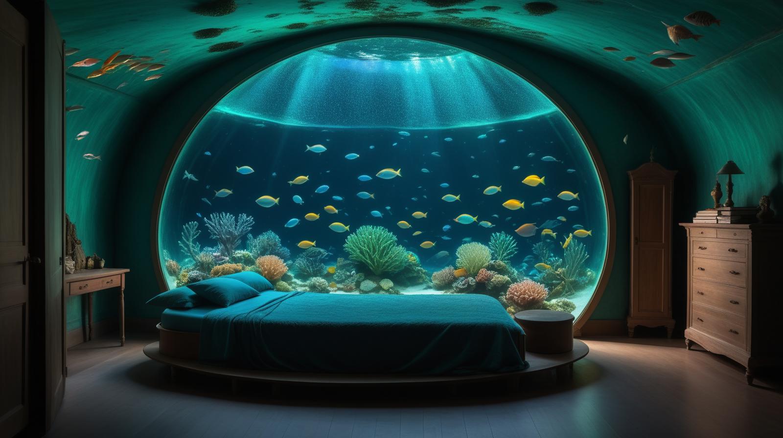 chambre Ã  coucher ancienne construite dans dans une bulle de verre au fond de l'ocÃ©an,
bioluminescence marine,
algues vertes,
poissons multicolors,