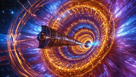  A breathtaking and surreal depiction of a spacecraft traveling through a wormhole, the ship surrounded by swirling, colorful energy fields and gravitational distortions, vibrant hues of blue, purple, and orange blending into a kaleidoscope of light, the vastness of space stretching infinitely with stars and galaxies in the distance, the spacecraft sleek and futuristic, intricate details of the wormhole's twisting and bending structure, a sense of motion and speed as the ship is pulled through the wormhole, a dramatic and otherworldly atmosphere, cinematic framing, high detail and realism, epic lighting showcasing the contrast between the coldness of space and the vibrant warmth of the wormhole energy.