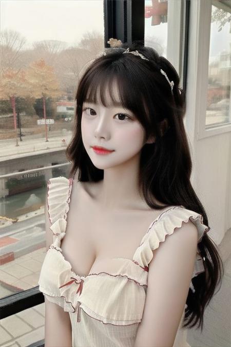 1girl,solo focus,very long hair,jewel-like eyes,window view,{correct posing},{detailed body},{correct body anatomy},(<lora:Twinkle17:1>),{extremely beautiful and delicateanime face and eyes},full_shot,(masterpiece),(best quality),(wallpaper),(8k hd),(Bright atmosphere:1.3),Fresh painting style,impasto,Flat coating,A sense of calm and tranquility,Exquisite line art,Soft shadows of clothes and hair;,Bright and airy atmosphere,Dynamic light and shadow effects,Light master,look at viewer,<lora:breastsizeslideroffset:1>,GTS,<lora:koreanDollLikeness:0.8>,