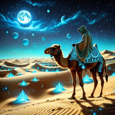 The Wanderer of Neon Sands A hooded (camel traveler:1.5) in glowing robes crossing a desert of bioluminescent sand dunes under a starlit sky, accompanied by a glowing mechanical creature, ambient glow casting long shadows, sci-fi mysticism ,
narrating excitedly, bright palette, expressive faces, score_9, score_8_up, score_8_up, masterpiece,super detailed face, super high resolution, FaceDetail, masterpiece-level, highly detailed, intricate details, detailed background, complex background, cinematic, intricately detailed illustration, depth of field, masterpiece, best quality, amazing quality, very aesthetic, absurdres, newest, very awa, shadow, dynamic angle,