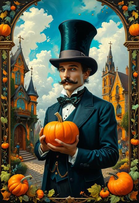 This extraordinary piece of art showcases an art deco style, featuring vibrant colors that draw the viewer in. The scene is a character portrait of a man in a top hat, holding a pumpkin, surrounded by a still life portrait of a magician. The composition exudes a strong sense of magic and is themed around All Hallows Eve.
The artwork is meticulously framed, with a sky background that boasts whimsical clouds and gothic elements. The highly detailed digital painting is a true artistic masterpiece, showcasing immersive atmosphere and rich color contrasts. The enchanting vibe of the piece is inspired by the works of Alejandro Burdisio, and its ultra-detailed nature ensures that it is presented in HD quality.
This captivating and intricate digital painting invites the viewer to become fully immersed in the magical world it portrays, offering a truly immersive and spellbinding experience. The combination of artistic elements and stylistic choices, along with the rich colors and detailed characters, make this piece an extraordinary and unforgettable work of art.