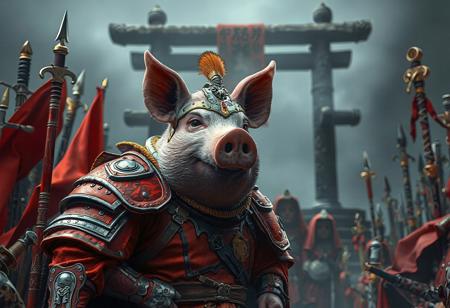 "Intricately depicting a formidable pig in a vivid red and orange suit of armor, this 4K image showcases an array of weapons and armor surrounding the armored pig. The dark gray altar of mist in the background provides a stark contrast to the colorful foreground. The overall composition invites the viewer to imagine the narrative behind this detailed, hyper-realistic, masterpiece, featuring sharp details, vivid emotions, and a joyful impact. Trending on ArtstationHQ, this stunning artwork is a must-see, showcasing exceptional quality, harmonious colors, captivating lighting, and flawless rendering."