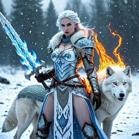 An extremely beautiful ice queen in a an intricate icy chain mail armor, holding a flaming blue plasma sword in a combat ready pose. In a cold frozen landscape with snow falling and a large white wolf at her side.