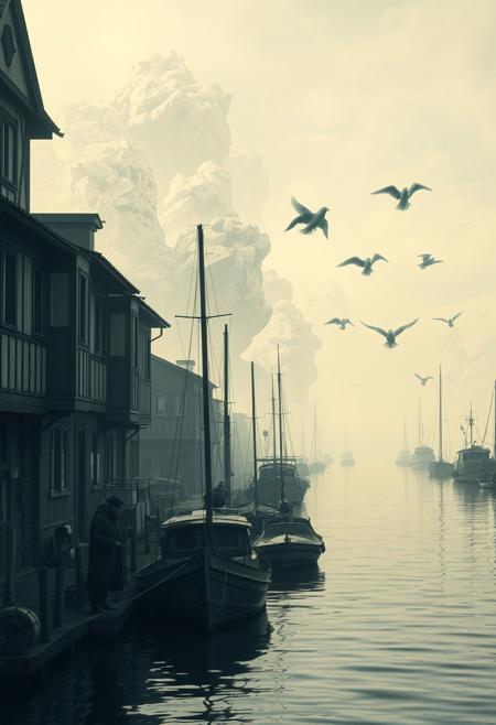 A traditional harbor scene where the boats and figures are realistic, but the sky is made of layered, high-contrast abstract forms
surreal photography, melancholic atmosphere, cinematic lighting, ethereal floating figures, textured painterly aesthetics, dystopian futurism, muted color palette, delicate yet eerie beauty, soft yet dramatic contrasts, otherworldly storytelling, intricate details, emotional depth, dreamlike yet gritty realism