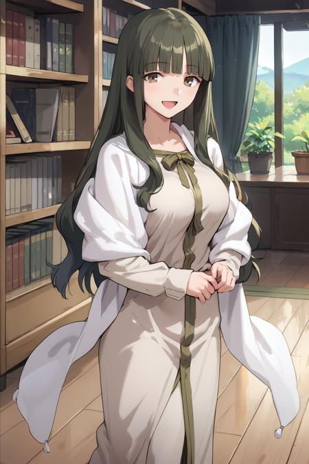 tohsakaaoi, long hair, brown eyes, blunt bangs, dark green hair, long dress, shawl, long sleeves, ribbon 